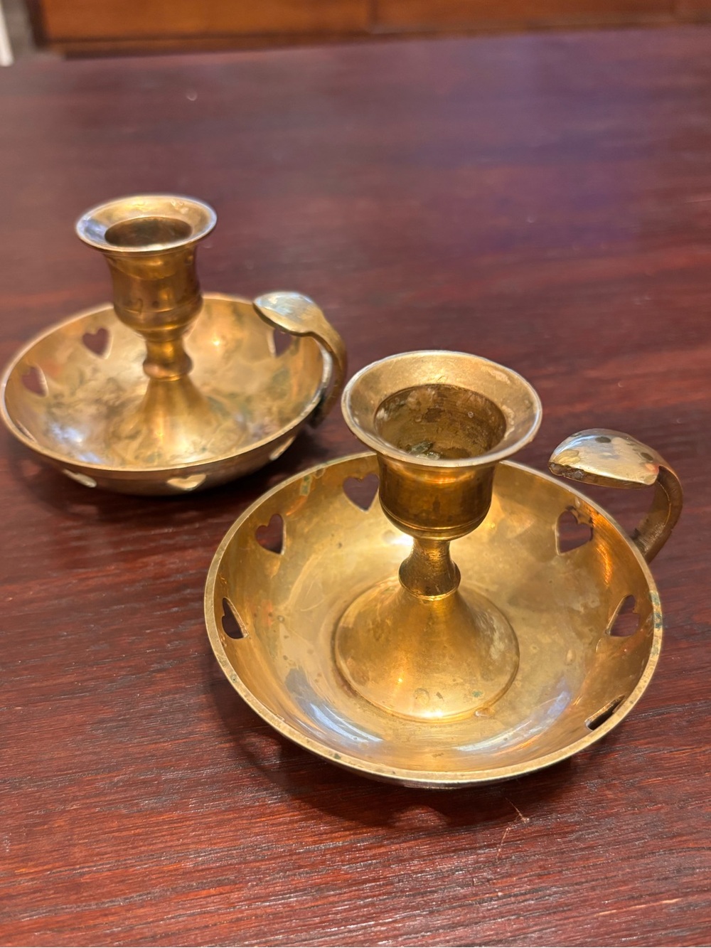 Vintage Solid Brass Candle Holders Chamberstick Heart Cut Outs Handle 3.75"